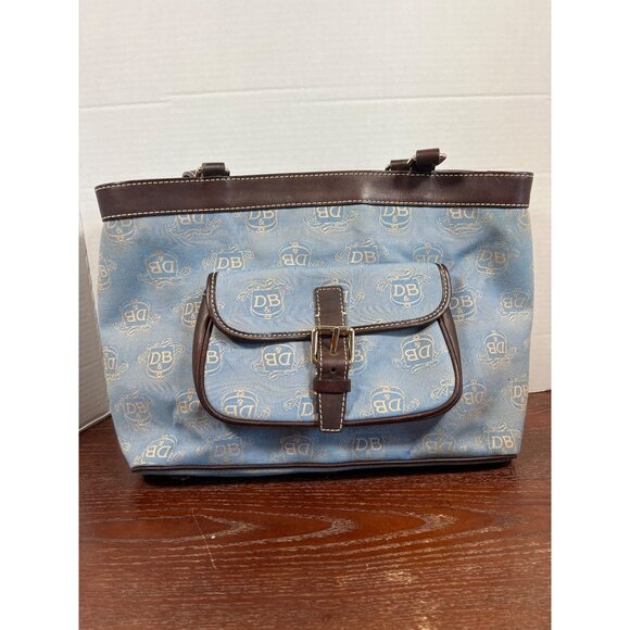 Dooney & Bourke Eastwest Shoulder Bag Blue/Brown Monogram Canvas & Leather Trim - Picture 1 of 4